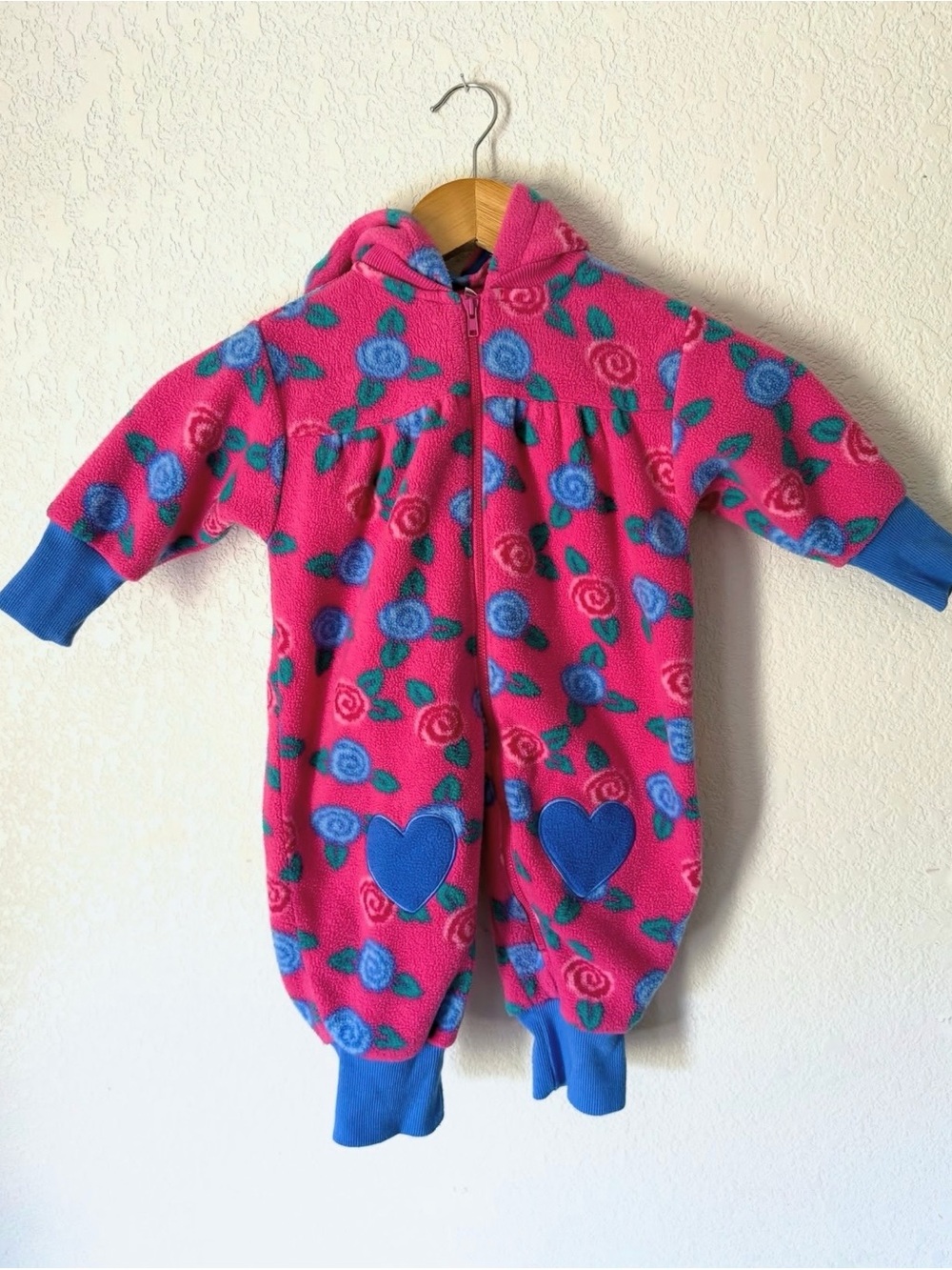 Vintage 90s Gymboree Winter Rose Fleece Hooded Jumpsuit Pink Blue roses